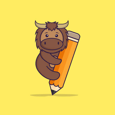 Cute bull holding a pencil. Animal cartoon concept isolated. Can used for t-shirt, greeting card, invitation card or mascot.のイラスト素材