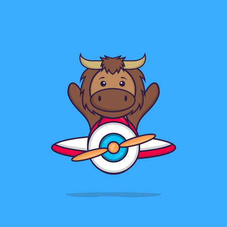 Cute bull flying on a plane. Animal cartoon concept isolated. Can used for t-shirt, greeting card, invitation card or mascot.のイラスト素材