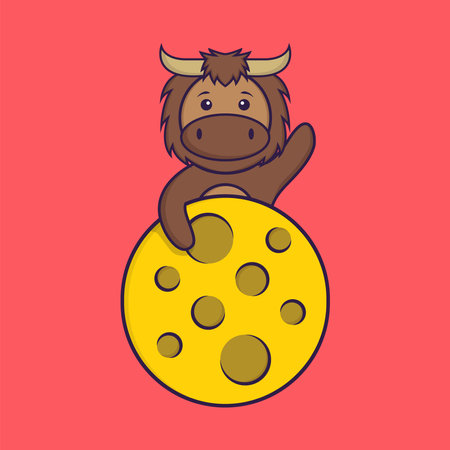 Cute bull is on the moon. Animal cartoon concept isolated. Can used for t-shirt, greeting card, invitation card or mascot.のイラスト素材
