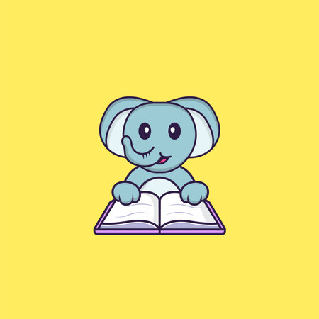 Cute elephant reading a book. Animal cartoon concept isolated. Can used for t-shirt, greeting card, invitation card or mascot.のイラスト素材