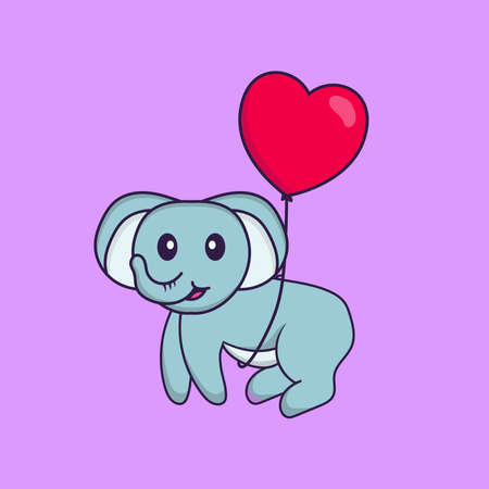 Cute elephant flying with love shaped balloons. Animal cartoon concept isolated. Can used for t-shirt, greeting card, invitation card or mascot.のイラスト素材