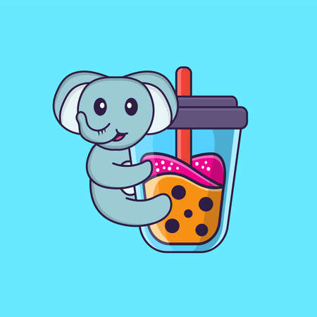 Cute elephant Drinking Boba milk tea. Animal cartoon concept isolated. Can used for t-shirt, greeting card, invitation card or mascot.のイラスト素材