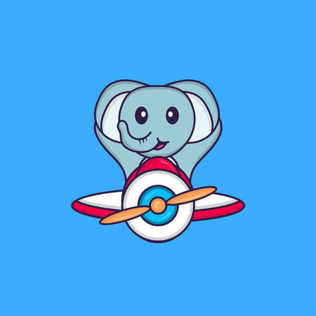 Cute elephant flying on a plane. Animal cartoon concept isolated. Can used for t-shirt, greeting card, invitation card or mascot.のイラスト素材