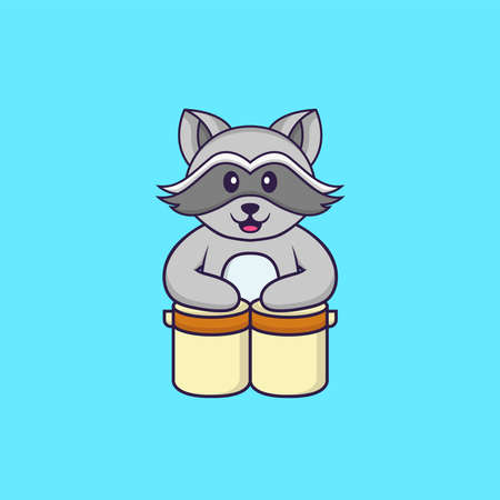 Cute racoon is playing drums. Animal cartoon concept isolated. Can used for t-shirt, greeting card, invitation card or mascot.のイラスト素材