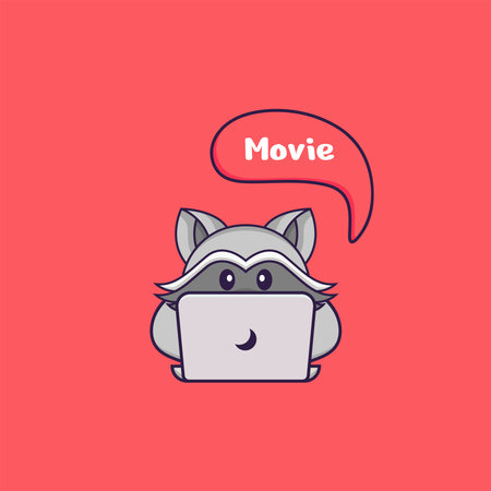 Cute racoon is watching a movie. Animal cartoon concept isolated. Can used for t-shirt, greeting card, invitation card or mascot.のイラスト素材
