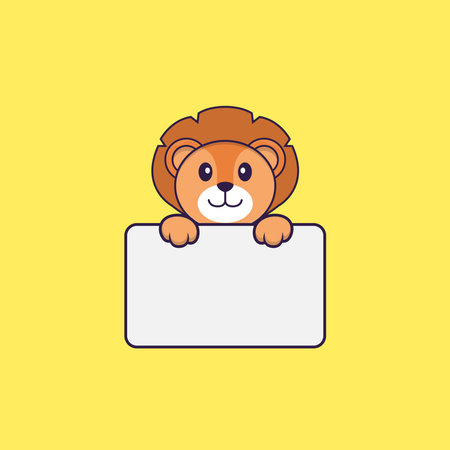 Cute lion holding whiteboard. Animal cartoon concept isolated. Can used for t-shirt, greeting card, invitation card or mascot.のイラスト素材