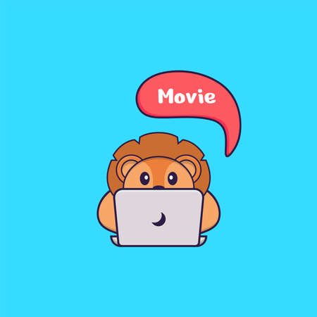Cute lion is watching a movie. Animal cartoon concept isolated. Can used for t-shirt, greeting card, invitation card or mascot.のイラスト素材