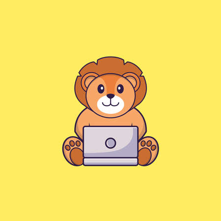 Cute lion using laptop. Animal cartoon concept isolated. Can used for t-shirt, greeting card, invitation card or mascot.のイラスト素材