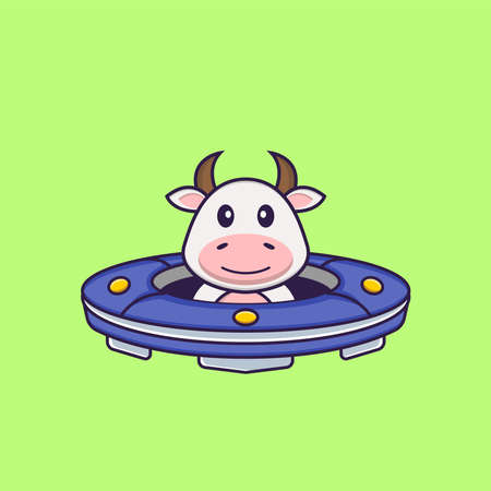 Cute cow Driving Spaceship Ufo. Animal cartoon concept isolated. Can used for t-shirt, greeting card, invitation card or mascot.のイラスト素材