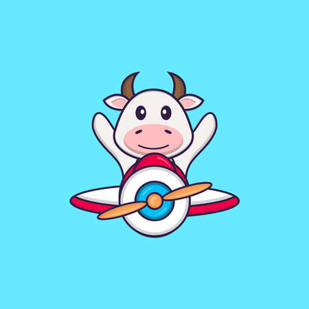 Cute cow flying on a plane. Animal cartoon concept isolated. Can used for t-shirt, greeting card, invitation card or mascot.のイラスト素材