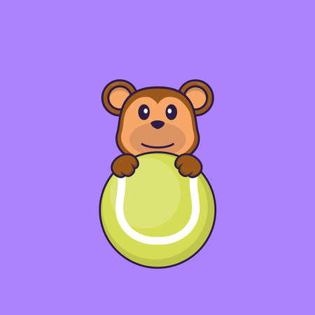 Cute monkey playing tennis. Animal cartoon concept isolated. Can used for t-shirt, greeting card, invitation card or mascot.のイラスト素材