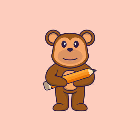 Cute monkey holding a pencil. Animal cartoon concept isolated. Can used for t-shirt, greeting card, invitation card or mascot.のイラスト素材