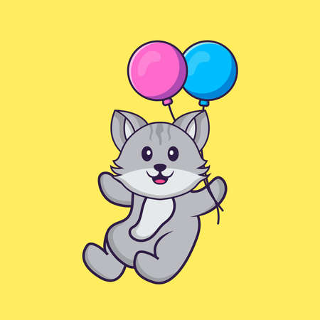 Cute cat flying with two balloons. Animal cartoon concept isolated. Can used for t-shirt, greeting card, invitation card or mascot.のイラスト素材