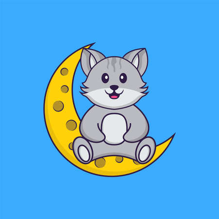 Cute cat is sitting on the moon. Animal cartoon concept isolated. Can used for t-shirt, greeting card, invitation card or mascot.のイラスト素材