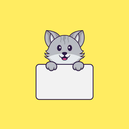 Cute cat holding whiteboard. Animal cartoon concept isolated. Can used for t-shirt, greeting card, invitation card or mascot.のイラスト素材