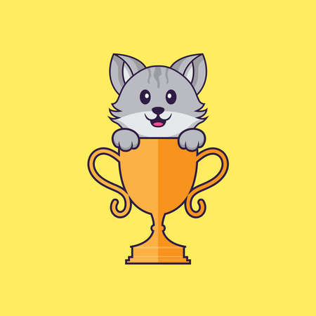 Cute cat with gold trophy. Animal cartoon concept isolated. Can used for t-shirt, greeting card, invitation card or mascot.のイラスト素材