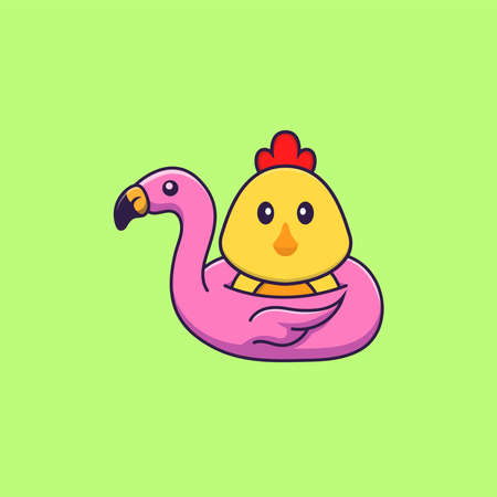 Cute chicken With flamingo buoy. Animal cartoon concept isolated. Can used for t-shirt, greeting card, invitation card or mascot.のイラスト素材