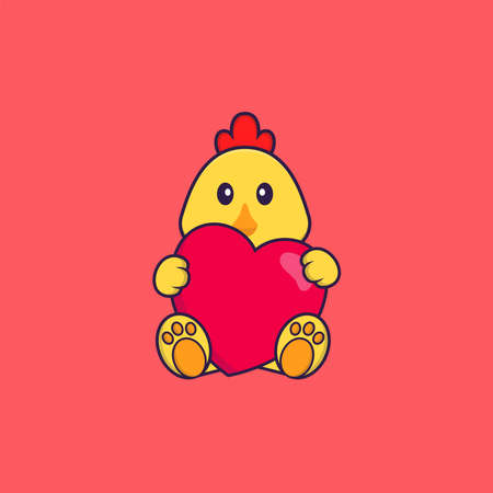 Cute chicken holding a big red heart. Animal cartoon concept isolated. Can used for t-shirt, greeting card, invitation card or mascot.のイラスト素材