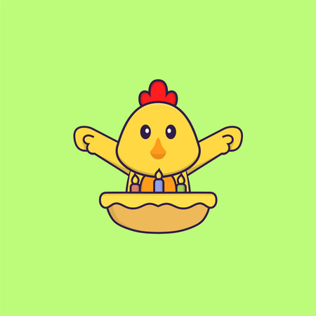 Cute chicken with birthday cake. Animal cartoon concept isolated. Can used for t-shirt, greeting card, invitation card or mascot.のイラスト素材