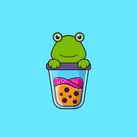 Cute frog Drinking Boba milk tea. Animal cartoon concept isolated. Can used for t-shirt, greeting card, invitation card or mascot.のイラスト素材