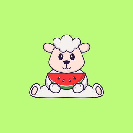 Cute sheep eating watermelon. Animal cartoon concept isolated. Can used for t-shirt, greeting card, invitation card or mascot.のイラスト素材