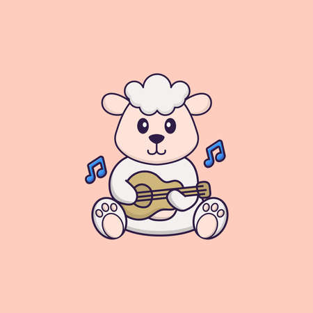 Cute sheep playing guitar. Animal cartoon concept isolated. Can used for t-shirt, greeting card, invitation card or mascot.のイラスト素材