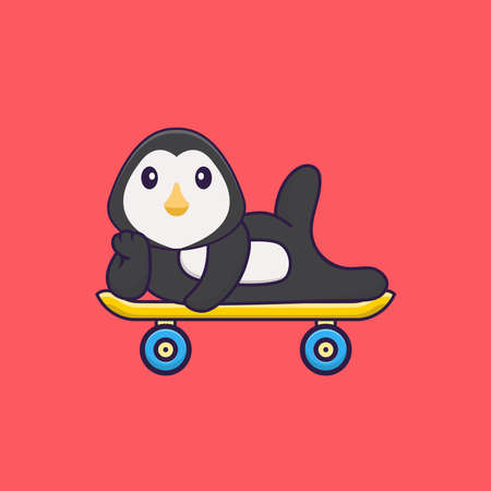 Cute penguin lying on a skateboard. Animal cartoon concept isolated. Can used for t-shirt, greeting card, invitation card or mascot.のイラスト素材