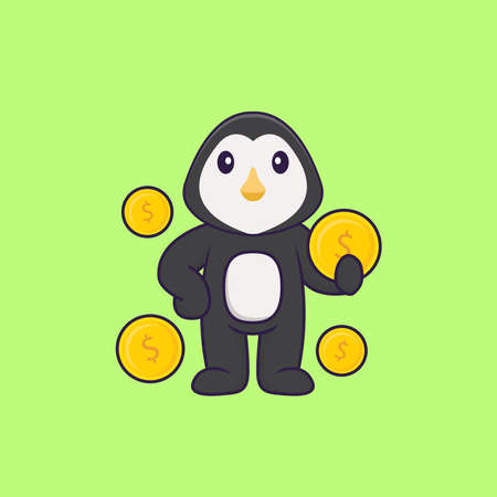 Cute penguin holding coin. Animal cartoon concept isolated. Can used for t-shirt, greeting card, invitation card or mascot.のイラスト素材
