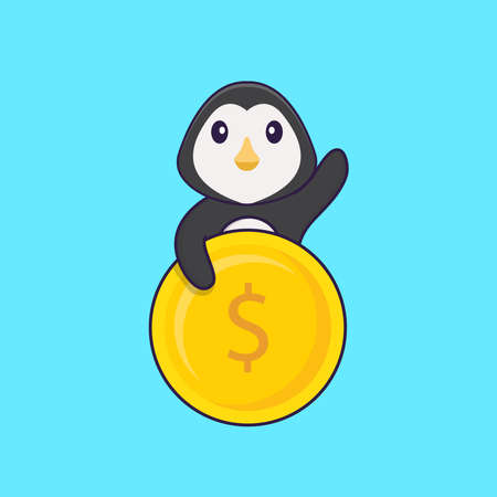 Cute penguin holding coin. Animal cartoon concept isolated. Can used for t-shirt, greeting card, invitation card or mascot.のイラスト素材