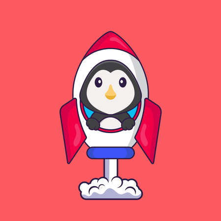 Cute penguin flying on rocket. Animal cartoon concept isolated. Can used for t-shirt, greeting card, invitation card or mascot.のイラスト素材