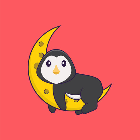 Cute penguin is on the moon. Animal cartoon concept isolated. Can used for t-shirt, greeting card, invitation card or mascot.のイラスト素材