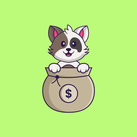 Cute cat playing in money bag. Animal cartoon concept isolated. Can used for t-shirt, greeting card, invitation card or mascot.のイラスト素材