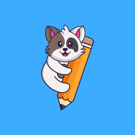 Cute cat holding a pencil. Animal cartoon concept isolated. Can used for t-shirt, greeting card, invitation card or mascot.のイラスト素材