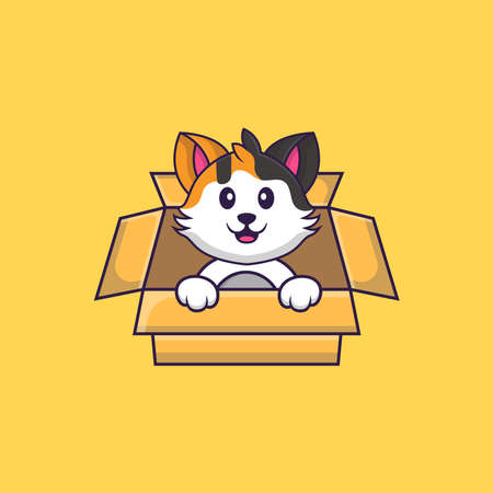 Cute cat Playing In Box. Animal cartoon concept isolated. Can used for t-shirt, greeting card, invitation card or mascot.のイラスト素材
