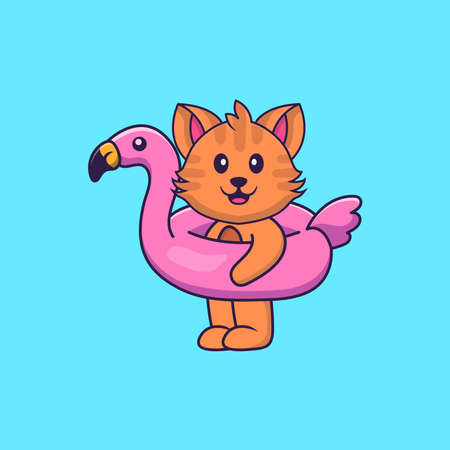 Cute cat With flamingo buoy. Animal cartoon concept isolated. Can used for t-shirt, greeting card, invitation card or mascot.のイラスト素材