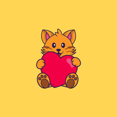 Cute cat holding a big red heart. Animal cartoon concept isolated. Can used for t-shirt, greeting card, invitation card or mascot.のイラスト素材