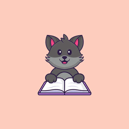 Cute cat reading a book. Animal cartoon concept isolated. Can used for t-shirt, greeting card, invitation card or mascot.のイラスト素材