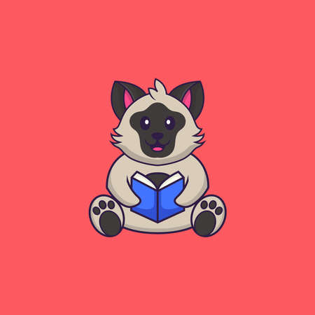 Cute cat reading a book. Animal cartoon concept isolated. Can used for t-shirt, greeting card, invitation card or mascot.のイラスト素材