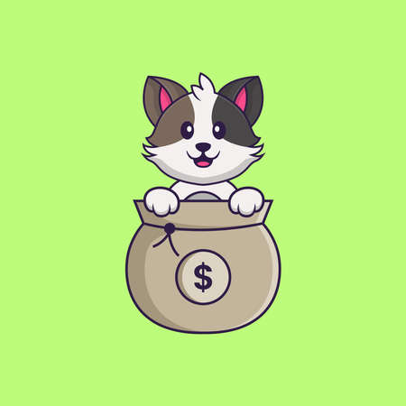 Cute cat playing in money bag. Animal cartoon concept isolated. Can used for t-shirt, greeting card, invitation card or mascot.のイラスト素材
