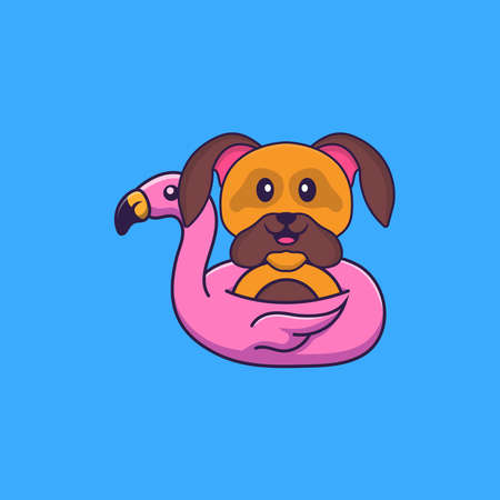 Cute dog With flamingo buoy. Animal cartoon concept isolated. Can used for t-shirt, greeting card, invitation card or mascot.のイラスト素材