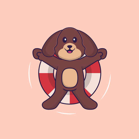 Cute dog is Swimming with a buoy. Animal cartoon concept isolated. Can used for t-shirt, greeting card, invitation card or mascot.のイラスト素材