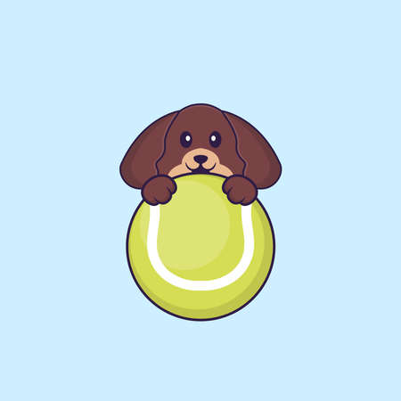 Cute dog playing tennis. Animal cartoon concept isolated. Can used for t-shirt, greeting card, invitation card or mascot.のイラスト素材