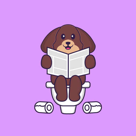 Cute dog Pooping On Toilet and read newspaper. Animal cartoon concept isolated. Can used for t-shirt, greeting card, invitation card or mascot.のイラスト素材
