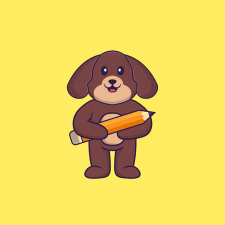 Cute dog holding a pencil. Animal cartoon concept isolated. Can used for t-shirt, greeting card, invitation card or mascot.のイラスト素材