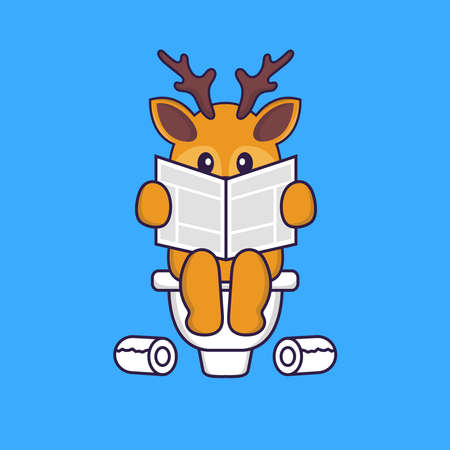Cute deer Pooping On Toilet and read newspaper. Animal cartoon concept isolated. Can used for t-shirt, greeting card, invitation card or mascot.のイラスト素材