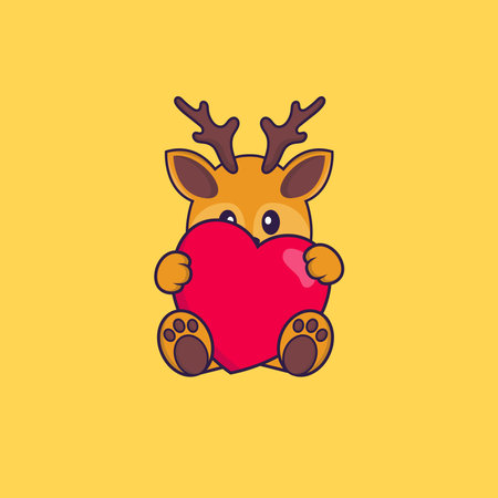 Cute deer holding a big red heart. Animal cartoon concept isolated. Can used for t-shirt, greeting card, invitation card or mascot.のイラスト素材