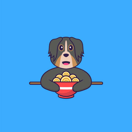 Cute dog eating ramen noodles. Animal cartoon concept isolated. Can used for t-shirt, greeting card, invitation card or mascot.のイラスト素材