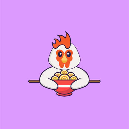 Cute chicken eating ramen noodles. Animal cartoon concept isolated. Can used for t-shirt, greeting card, invitation card or mascot.のイラスト素材