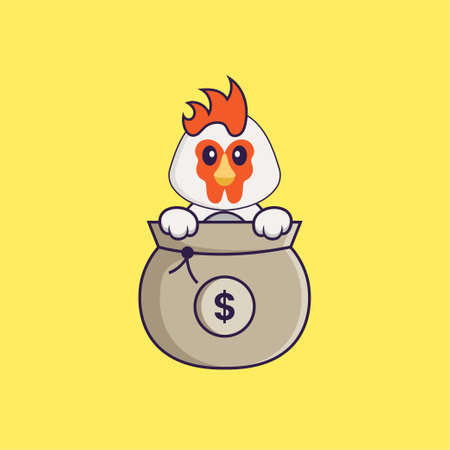 Cute chicken playing in money bag. Animal cartoon concept isolated. Can used for t-shirt, greeting card, invitation card or mascot.のイラスト素材