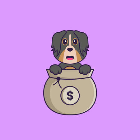 Cute dog playing in money bag. Animal cartoon concept isolated. Can used for t-shirt, greeting card, invitation card or mascot.のイラスト素材